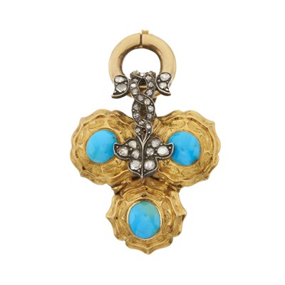 Lot 26 - A mid Victorian 15ct gold turquoise and rose-cut diamond mourning pendant