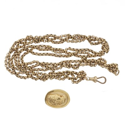 Lot 51 - An early 20th century 9ct gold three-strand Albert chain necklace and a cameo brooch
