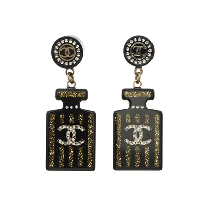 Lot 355 - Chanel, a pair of resin CC No. 5 perfume bottle earrings.