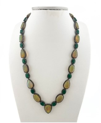 Lot 390 - An opal, emerald and single-cut diamond cluster necklace