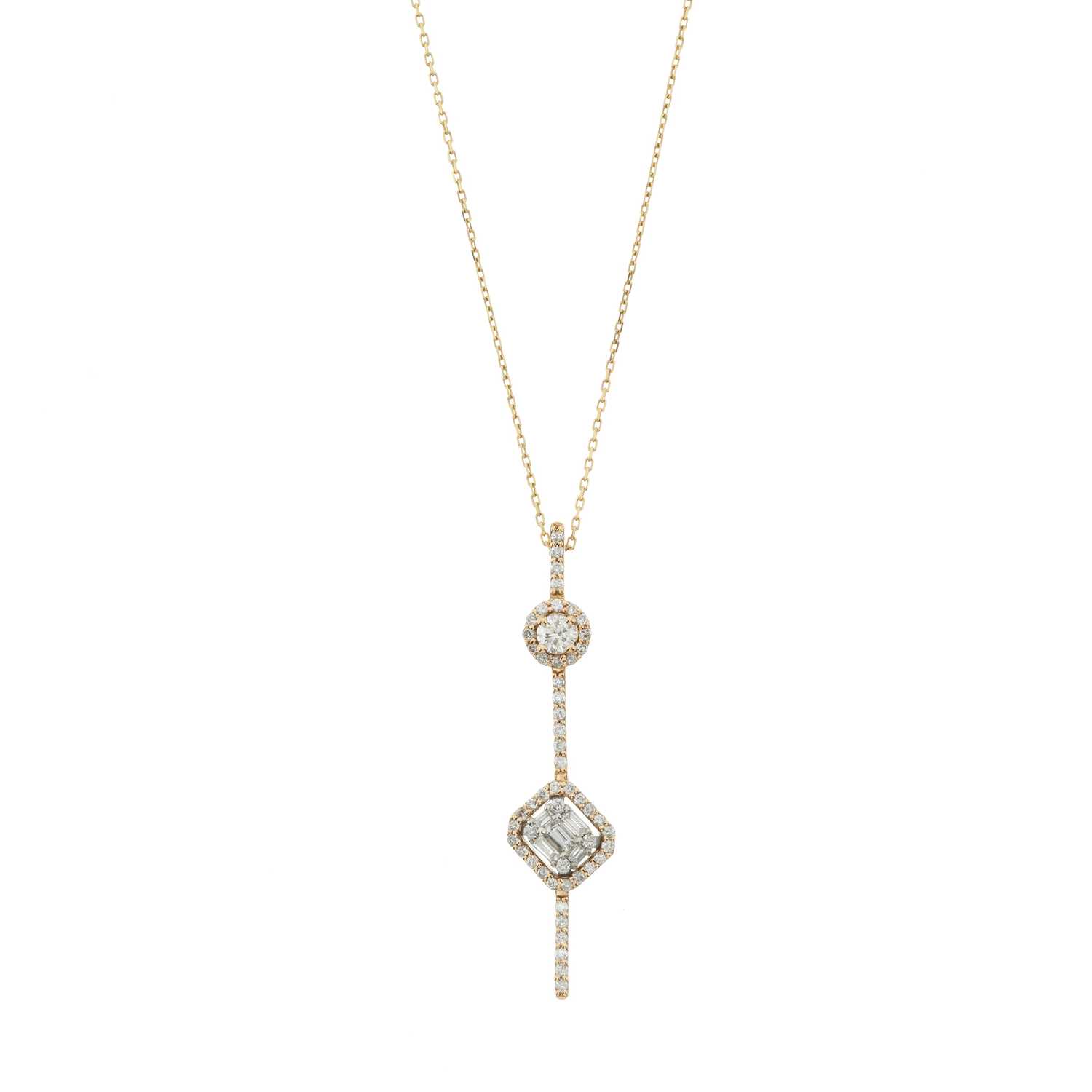 Lot 107 - A diamond cluster and bar pendant with chain