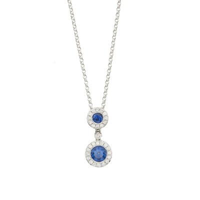 Lot 98 - An 18ct gold sapphire and brilliant-cut diamond cluster pendant and chain, with matching earrings