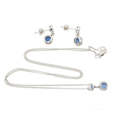 Lot 98 - An 18ct gold sapphire and brilliant-cut diamond cluster pendant and chain, with matching earrings