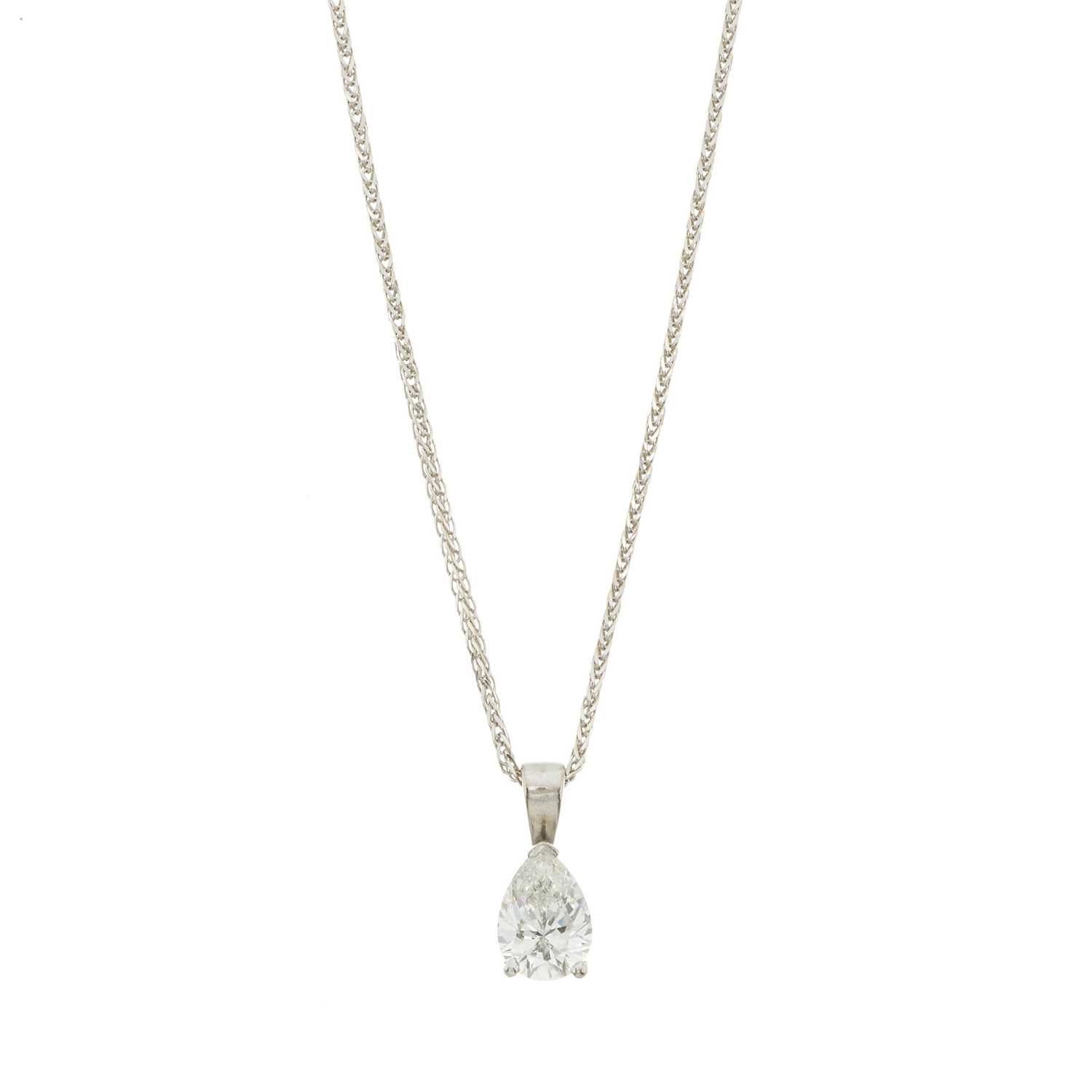 Lot 62 - An 18ct gold pear-shape diamond single-stone pendant and chain