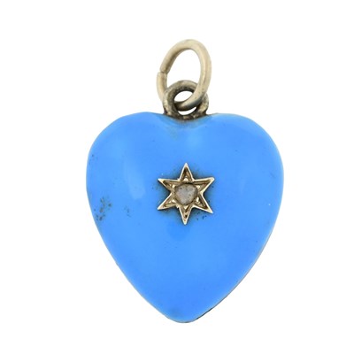 Lot 462 - A late 19th century blue enamel and rose-cut diamond heart locket pendant