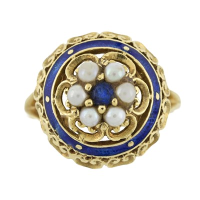 Lot 562 - A seed pearl, blue paste and enamel dress ring