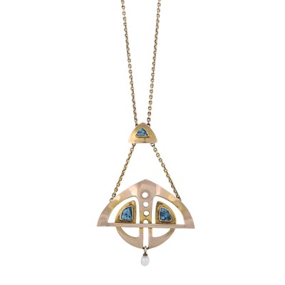 Lot 15 - An Arts & Crafts 9ct gold turquoise and pearl drop pendant necklace