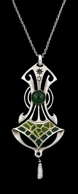 Lot 491 - A plique-a-jour enamel, paste and cultured freshwater pearl pendant, with chain