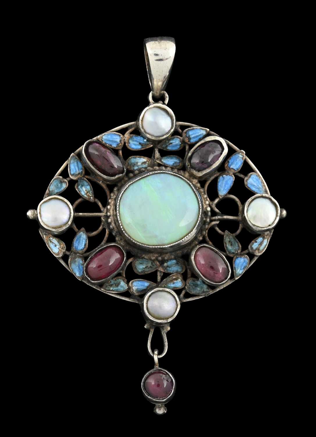 Lot 25 - An Arts & Crafts silver opal, garnet, blister pearl and enamel pendant