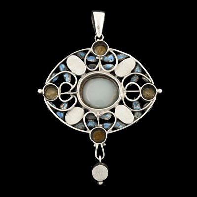 Lot 25 - An Arts & Crafts silver opal, garnet, blister pearl and enamel pendant