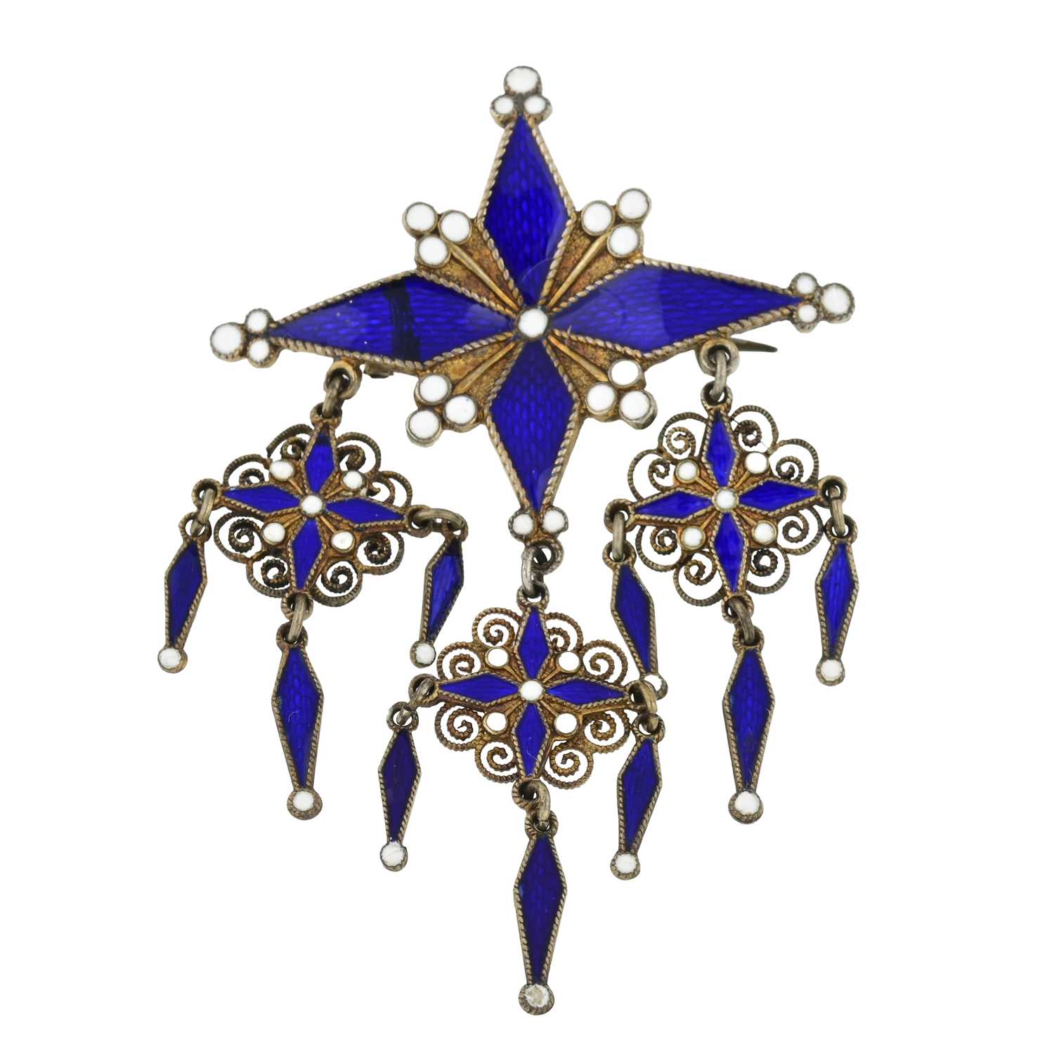 Lot 39 - Knoll and Pregizer, an early 20th century silver gilt blue and white enamel cross and fringe brooch