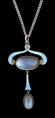 Lot 503 - An early 20th century moonstone, split pearl and enamel pendant, with later chain