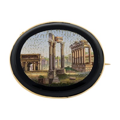 Lot 501 - A late 19th century 14ct gold micro mosaic brooch, depicting the Forum Romanum