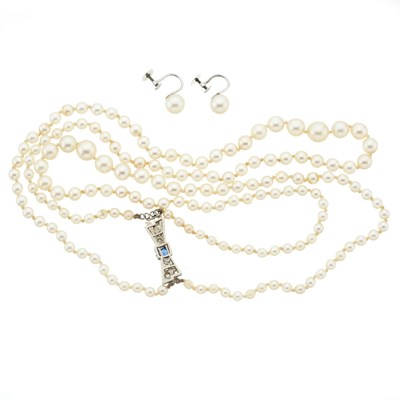 Lot 57 - A cultured pearl necklace, with sapphire and diamond clasp and a pair of earrings