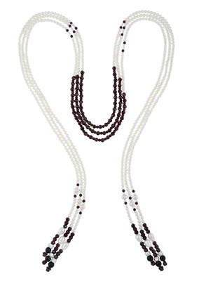 Lot 454 - Three matching cultured pearl and gem bead scarf necklaces