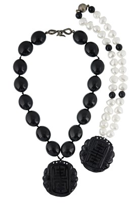 Lot 457 - Two onyx bead and cultured pearl necklaces, attributed to Catherine Prevost