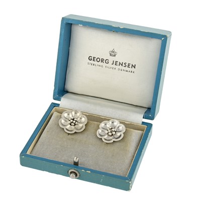 Lot 65 - Georg Jensen, a pair of mid 20th century silver flower clip-on earrings