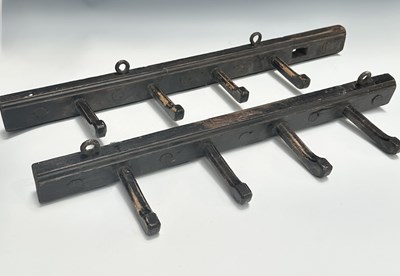 Lot 208 - Two rustic, wooden scullery hook rails/coat...