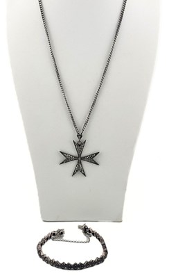 Lot 472 - A marcasite bracelet and a Maltese cross pendant with chain