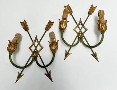 Lot 199 - A pair of green and gold French wall sconces,...
