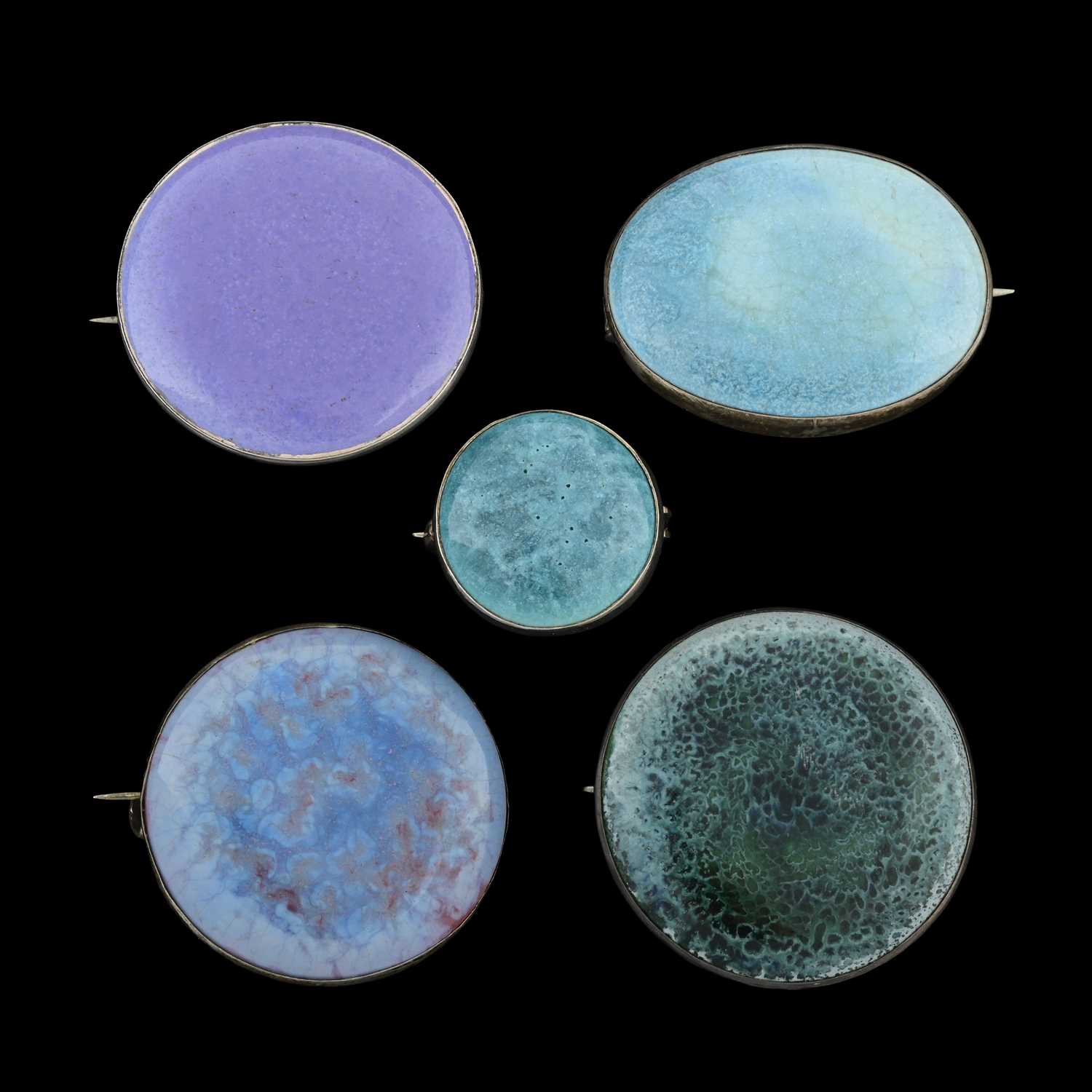 Lot 47 - Ruskin, five various Arts and Crafts silver...