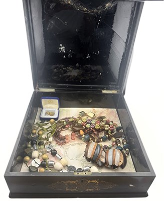 Lot 366 - A pair of 9ct gold turquoise earrings and a lacquered box containing costume jewellery