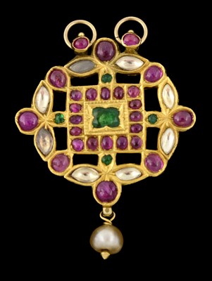 Lot 578 - An Indian kundan-set ruby, emerald and white sapphire pendant, with cultured pearl drop