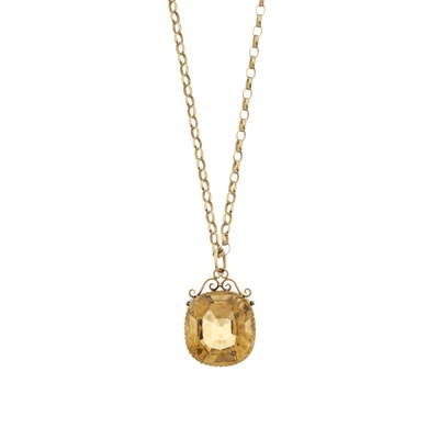 Lot 218 - A large citrine single stone pendant, on a 9ct gold belcher-link chain