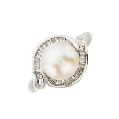 Lot 232 - A cultured pearl and baguette-cut diamond dress ring
