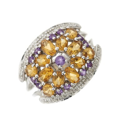 Lot 228 - A 14ct gold citrine, amethyst and single-cut diamond dress ring