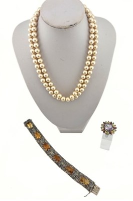 Lot 427 - A silver gem-set ring, a marcasite and citrine bracelet and an imitation pearl necklace