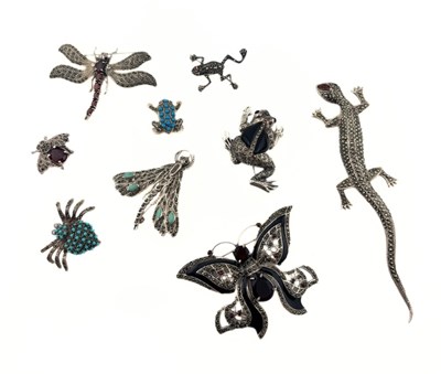 Lot 569 - Nine marcasite and gem-set brooches