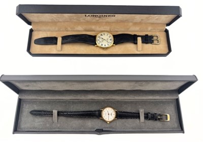 Lot 364 - A pair of boxed gold plated Longines watches,...