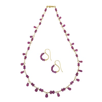 Lot 474 - A pair of 18ct gold ruby Dower & Hall earrings, with unmarked ruby necklace