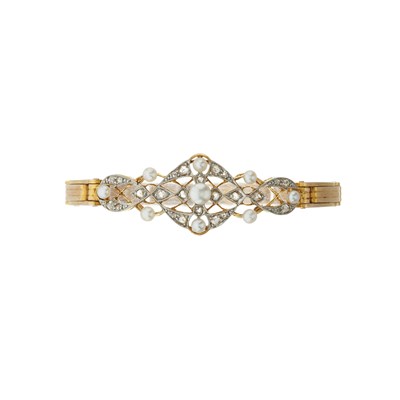 Lot 45 - An early 20th century 9ct gold pearl and rose-cut diamond bracelet