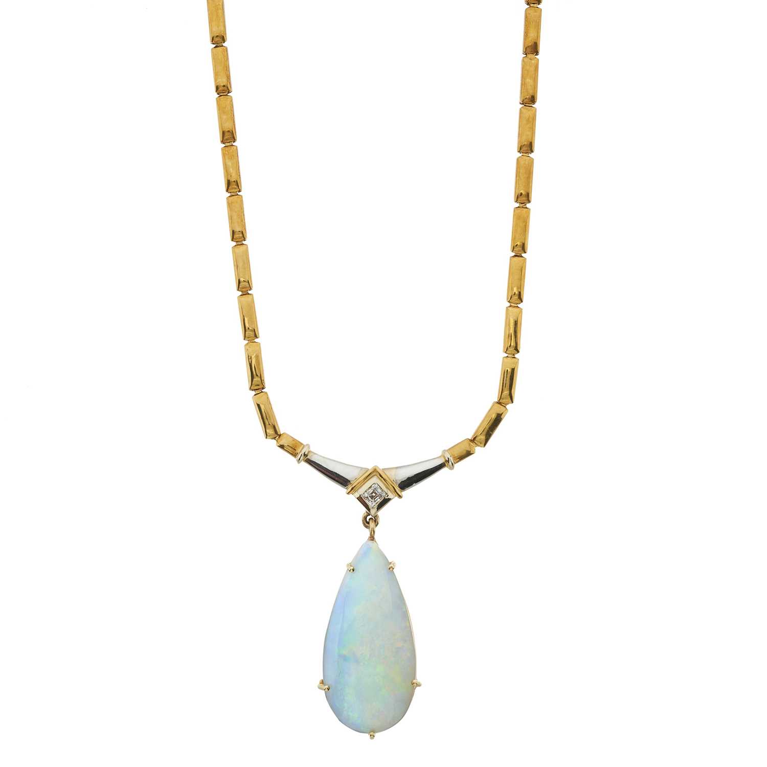 Lot 59 - An opal and rectangular asscher-cut diamond necklace