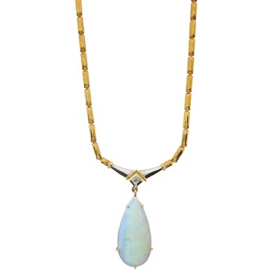 Lot 59 - An opal and rectangular asscher-cut diamond necklace