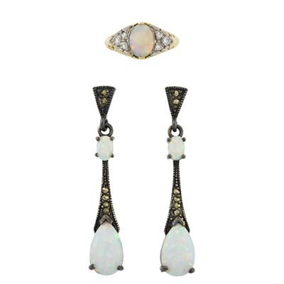 Lot 537 - An 18ct gold opal and diamond ring, together with a pair of synthetic opal and marcasite earrings