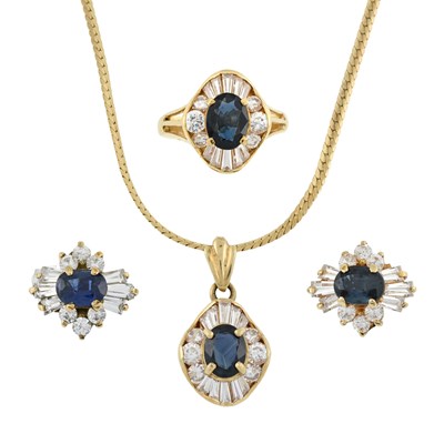 Lot 579 - A sapphire and cubic zirconia cluster ring, pair of earrings and pendant necklace set