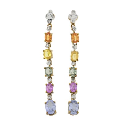 Lot 475 - A pair of 9ct gold multi-hue sapphire and single-cut diamond drop earrings