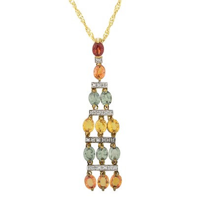 Lot 521 - A 9ct gold multi-hue sapphire and single-cut diamond pendant with chain