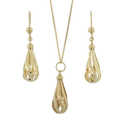 Lot 536 - A textured scrolling drop pendant necklace with matching earrings