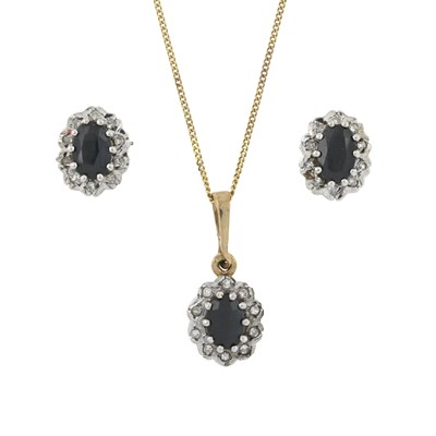 Lot 532 - A 9ct gold sapphire and single-cut diamond cluster ring, stud earrings and pendant necklace