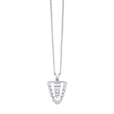 Lot 35 - A baguette-cut, brilliant-cut and triangular shape diamond tapered pendant with chain