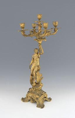 Lot 138 - A French ormolu five light figural candelabrum,...