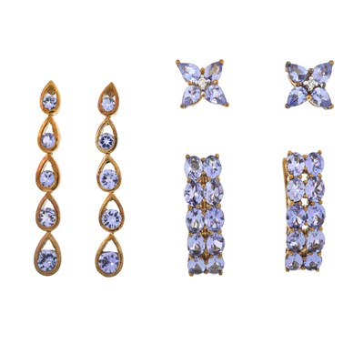 Lot 538 - Three pairs of 9ct gold tanzanite earrings
