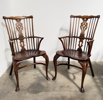 Lot 790 - A pair of oak rustic Windsor high, stick back...