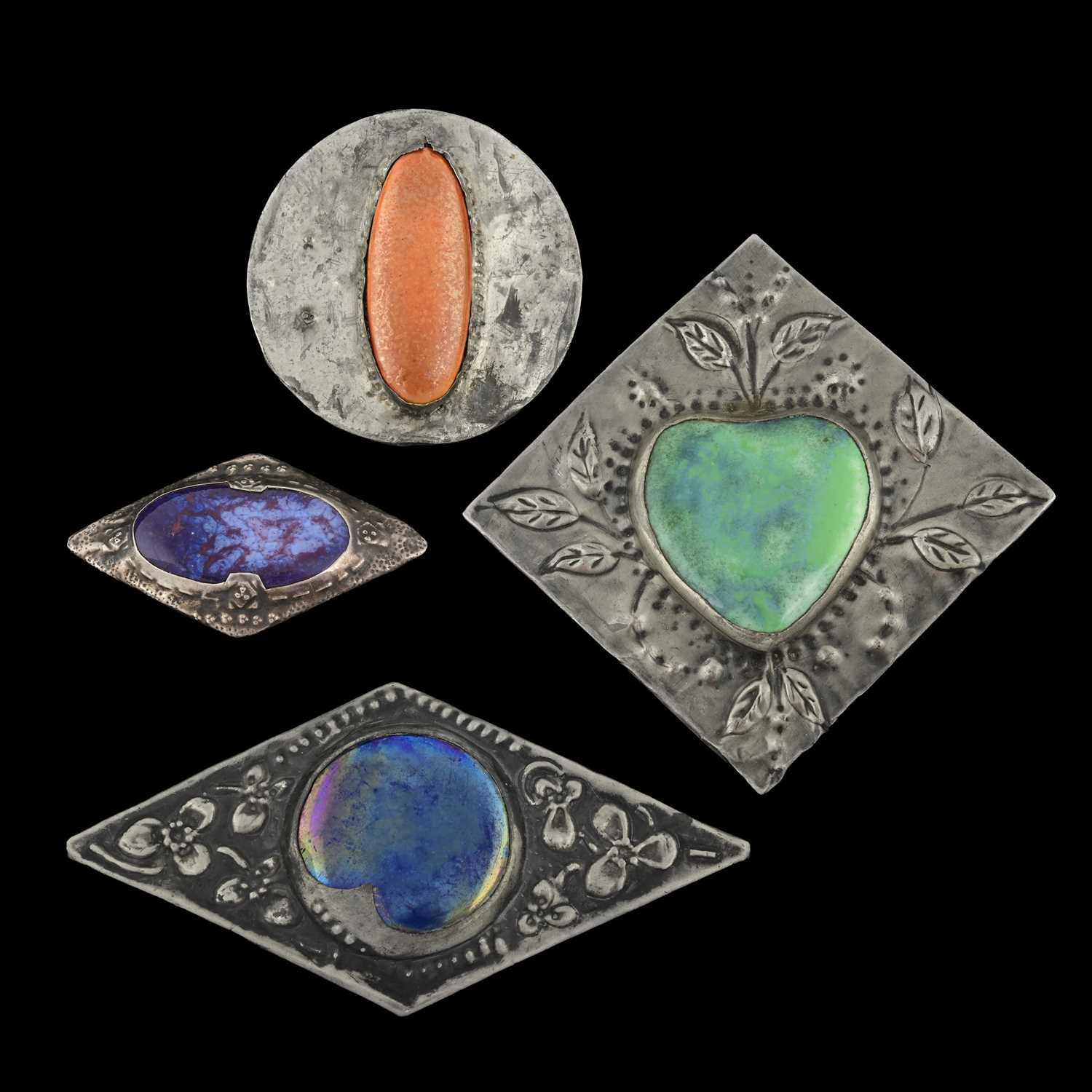 Lot 51 - Ruskin, four Arts and Crafts pewter mounted...