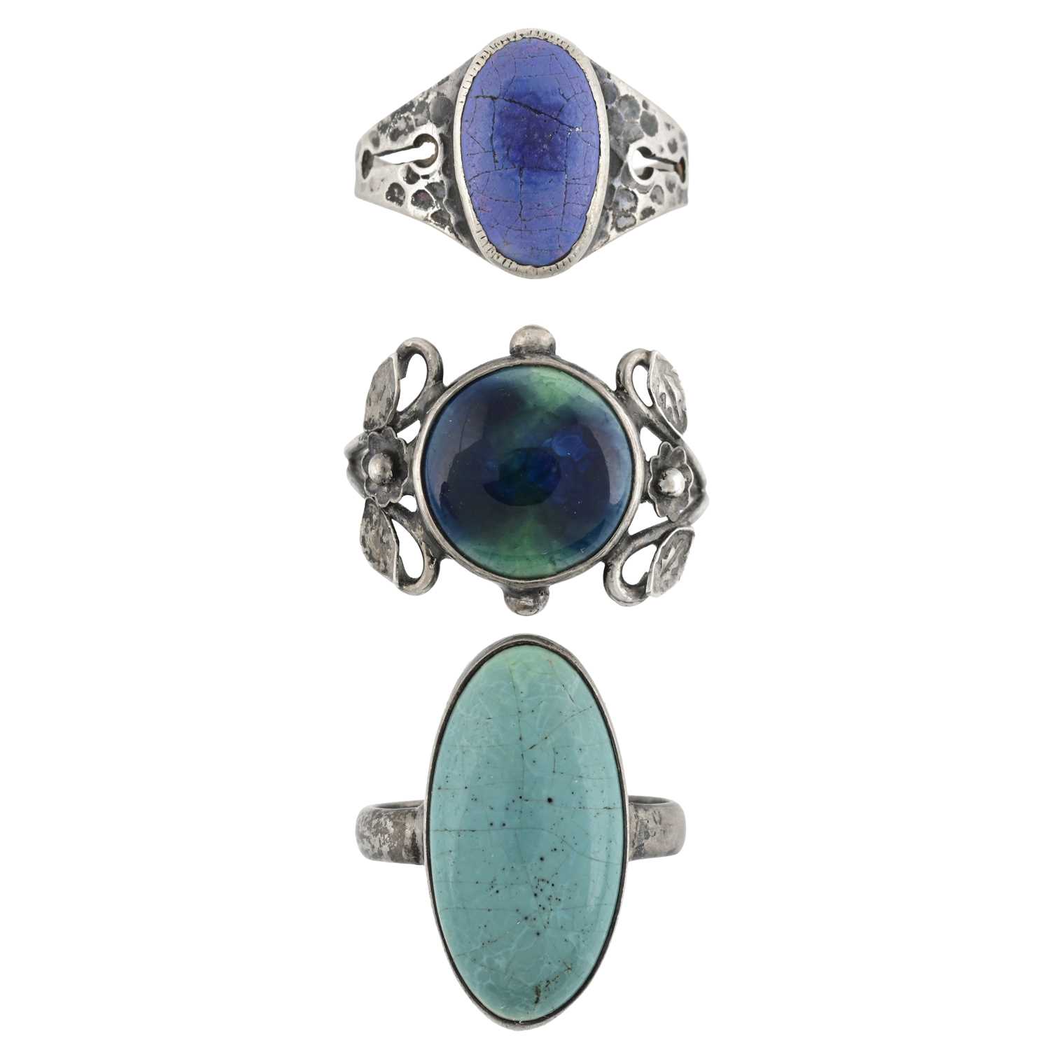 Lot 48 - Ruskin, three Arts and Crafts silver and white...