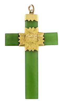Lot 469 - A Victorian gold mounted jade cross pendant,...